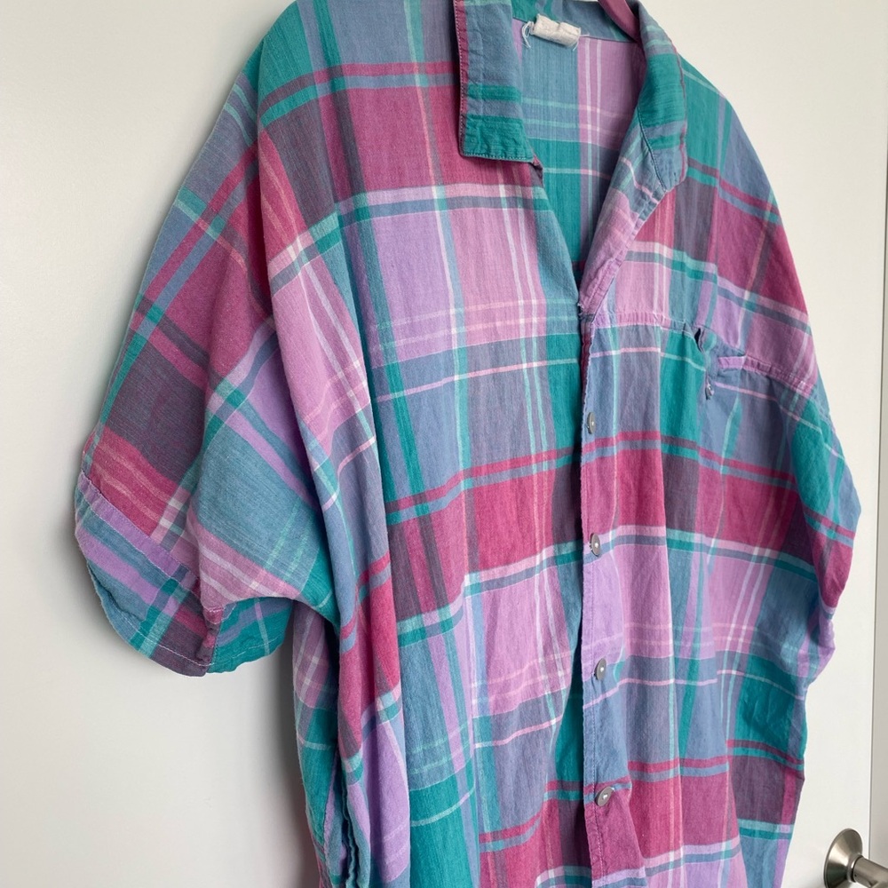VINTAGE Plaid Long Button Up Tunic Top - Beach Cover Up - Plus Size Womens Shirt